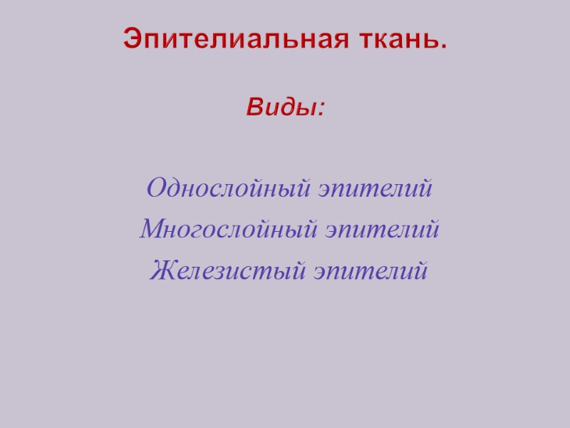 Эпителиальная ткань.  Виды: Однослойный эпителий Многослойный эпителий Железистый эпителий